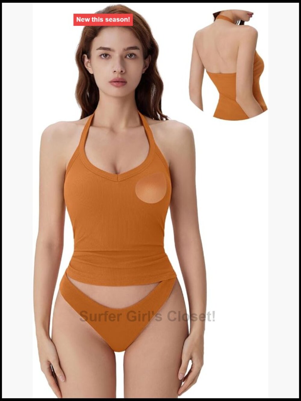 Ribbed Halter Tank Top with Built-in Bra Padded V-Neck